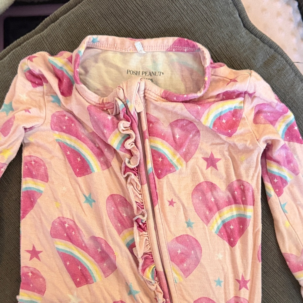 Posh Peanut Pink Rainbow Heart Ruffle Zip Pajama Romper